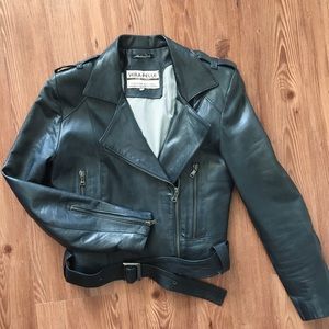 Vera Pelle Black Leather Biker Jacket with Belted Waist